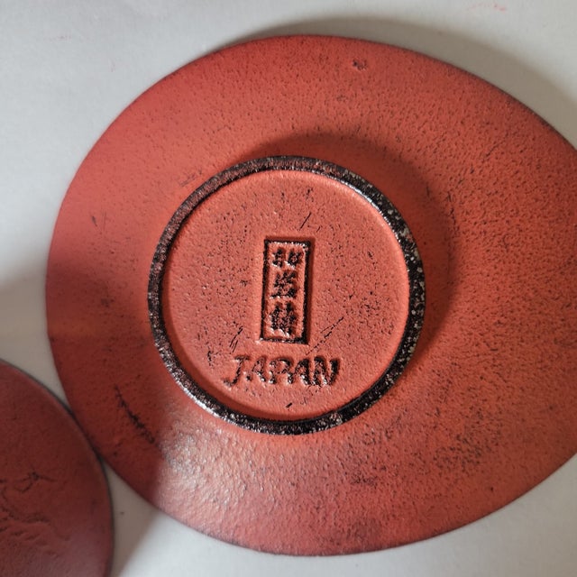 Metal Vintage Japanese Red Cast Iron Dragon & Dragonfly Tea Cups With Enameled Interiors & Saucers – Set of 8 For Sale - Image 7 of 7