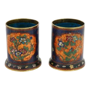 Pair of Antique Early Meiji Japanese Cloisonne Enamel Brush Pots in the Style of Namikawa