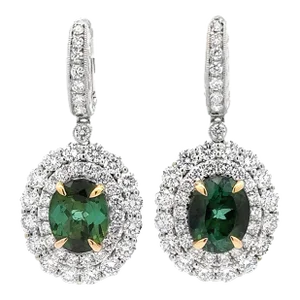 Forest Green Tourmaline Diamond 18k White Gold Drop Dangle Earrings - 2 Pieces