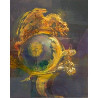 Circle of Fire by Elena Burykina | Oil on panel Abstract depiction of a fiery orb with mythical creatures. For Sale
