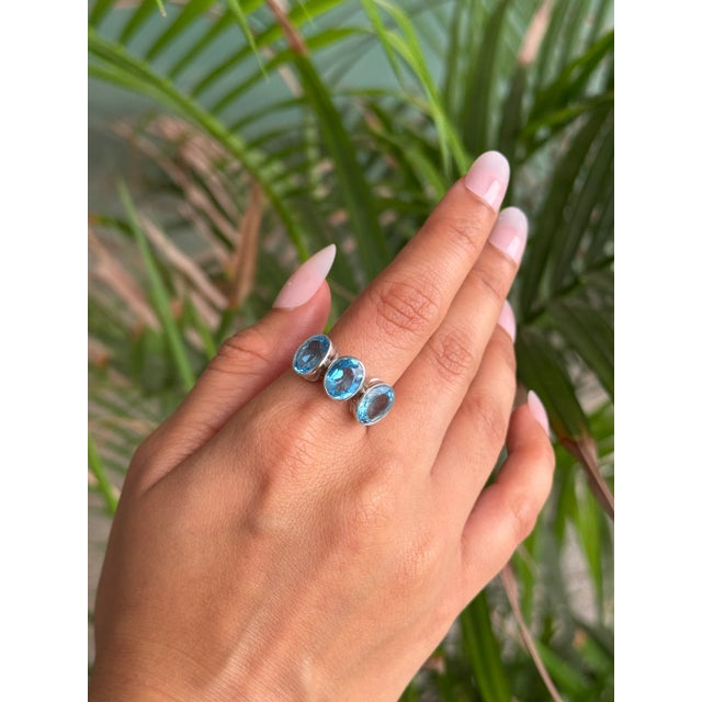 Classic 3 Stone Blue Topaz 7.24 Carat Oval Ring Set in Sterling Silver by Carat&her- Size 8 For Sale - Image 6 of 11