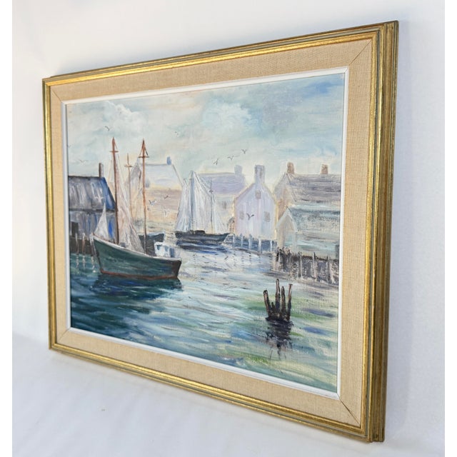 Nautical Original Mid Century Harbor Scene Oil Painting in Original Gilt Wood Frame For Sale - Image 3 of 5