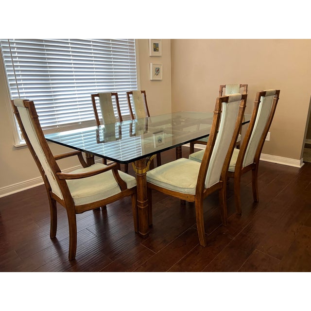 Hollywood Regency 1970s Hollywood Regency Faux Bamboo With Brass Details, Glass Dining Table With 6 Matching Chairs - Set of 7 For Sale - Image 3 of 12