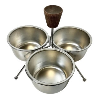 Mid-Century Boho Chic Metal Condiment or Salad Dressing Serving Dishes With Caddy, 3 Wells. For Sale