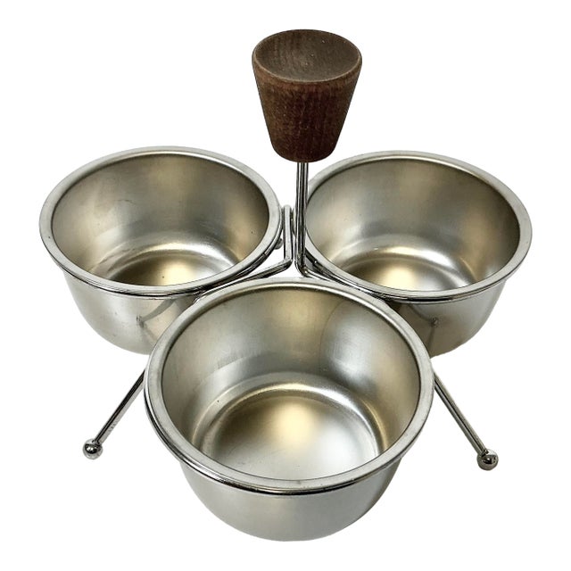 Mid-Century Boho Chic Metal Condiment or Salad Dressing Serving Dishes With Caddy, 3 Wells. For Sale