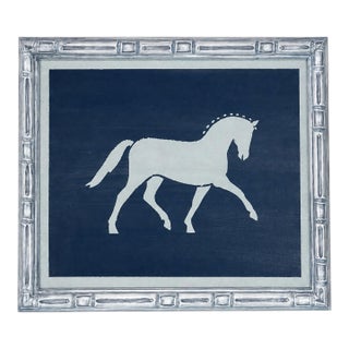 Primitive Horse Painting in Navy & Slate Blue For Sale
