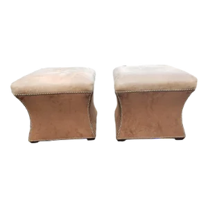 Pair of Rustic Full Grain Leather Upholstered Ottoman Stools With Nailhead Trims