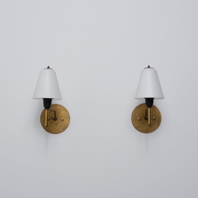 Italian Brass and Opaline Glass Wall Sconces, 1950s, Set of 2 For Sale - Image 9 of 13