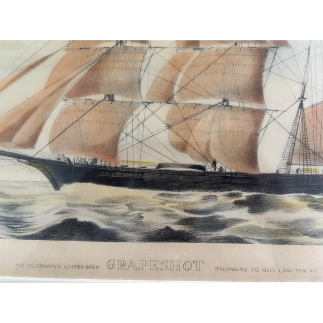 American Currier & Ives “The Celebrated Clipper Bark Grapeshot Belonging to Geo. Law Esq. n.y.” Hand Colored 1855 Lithograph in Original Frame For Sale - Image 3 of 10