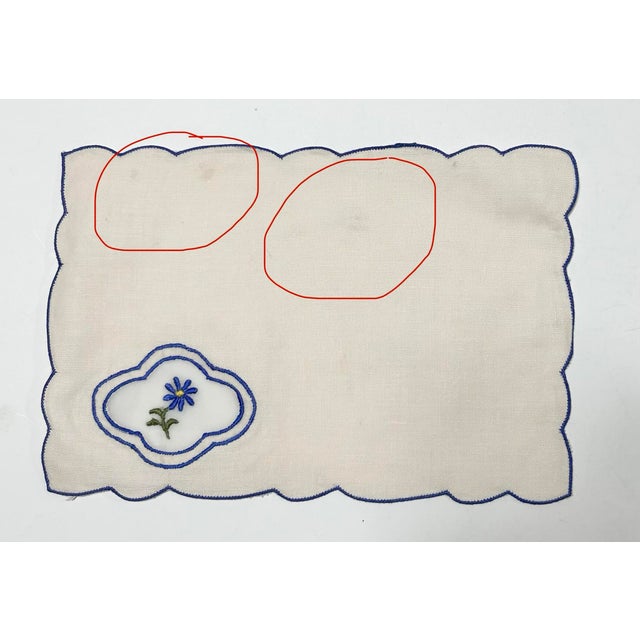 1970s Vintage Linen Cocktail Napkins - Blue Embroidered Floral - Set of 6 – Scalloped Edge (Portugal) For Sale - Image 5 of 6