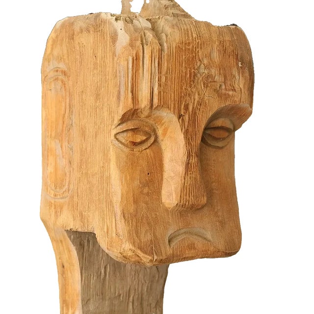 Monumental Folk Wood Carved Scupture . Man and Cat. 73 x 11 x 10 n. Circa 1950