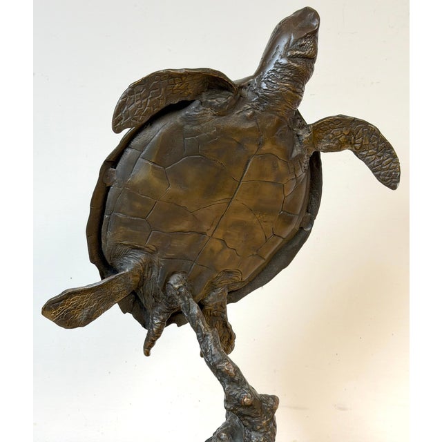 Modern Monumental Bronze Sea Turtle Sculpture on Marble Base, Late 20th Century For Sale - Image 3 of 18