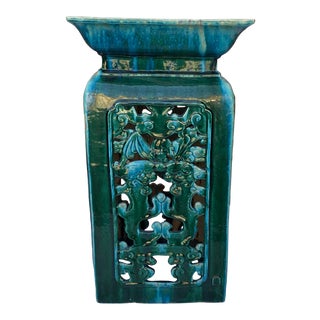 Ceramic Clay Green Square Tall Pedestal Table Bats Dragons Stand For Sale