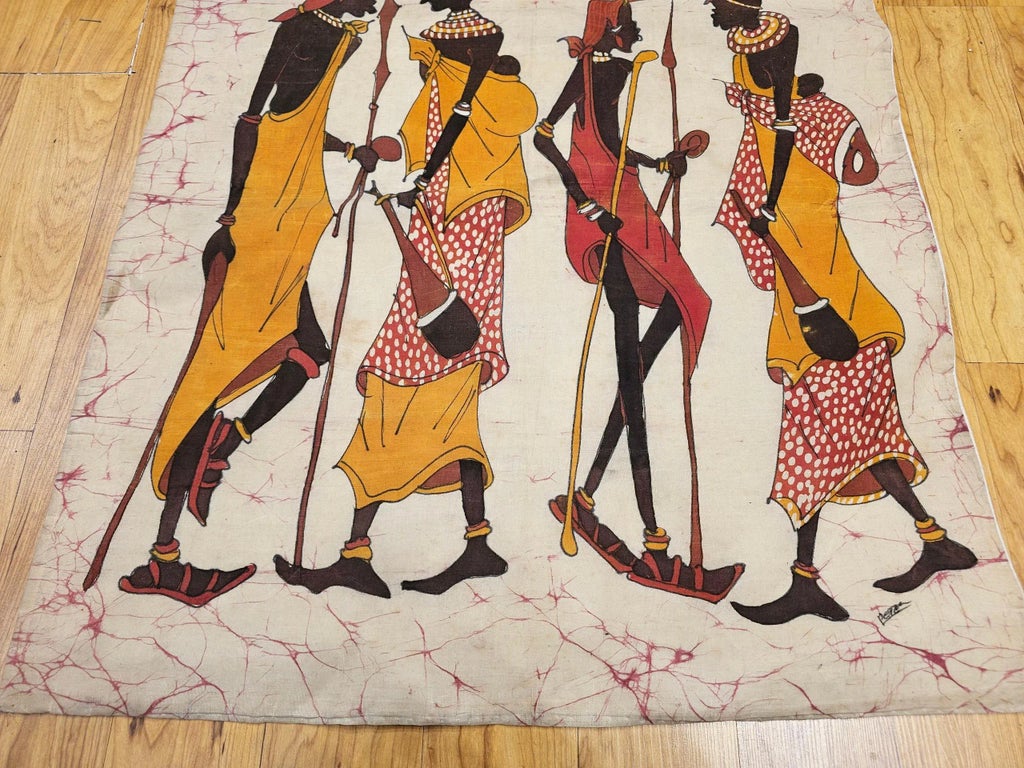 Vintage African Batik Wall Art, Hand Painted Textile Tapestry Wall