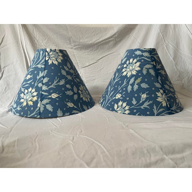 A matching pair of round empire shape hard back lamp shades covered with vintage Brunschwig & Fils Verrières hand blocked...