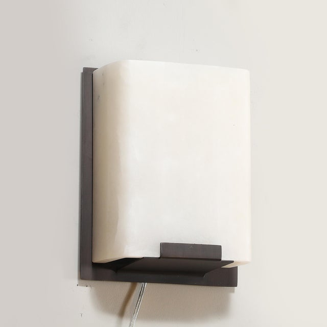 Pair of Modernist Alabaster & Oil-Rubbed Bronze Wall Sconces For Sale - Image 10 of 18