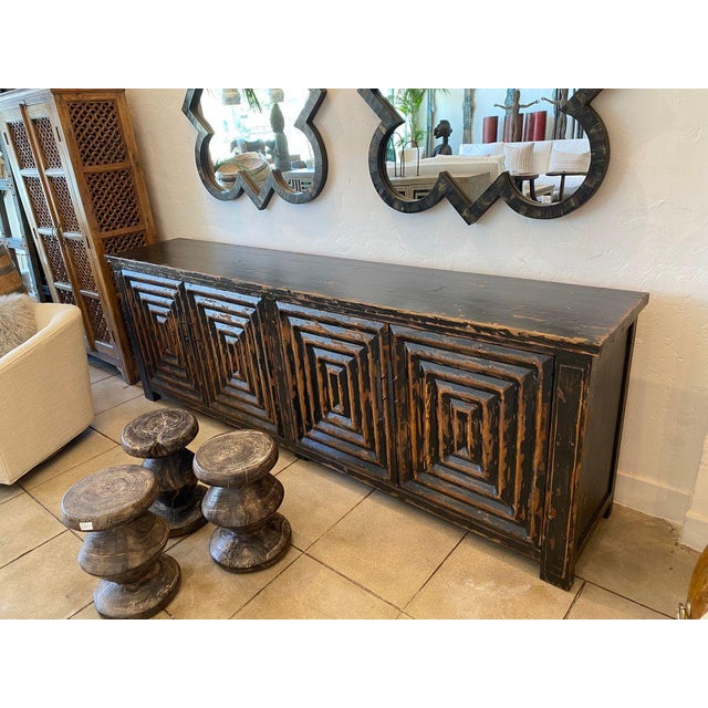 Distressed Black Square Pattern Sideboard For Sale In Los Angeles - Image 6 of 7