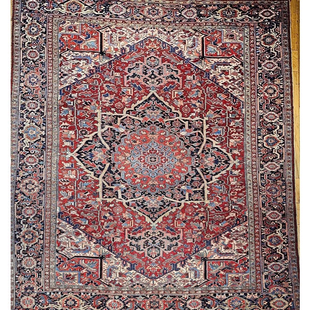 French Country Vintage Oversize Persian Heriz Serapi Rug, Hand-Knotted Geometric Pattern, Red & Blue, 11’ X 15’ For Sale - Image 3 of 12