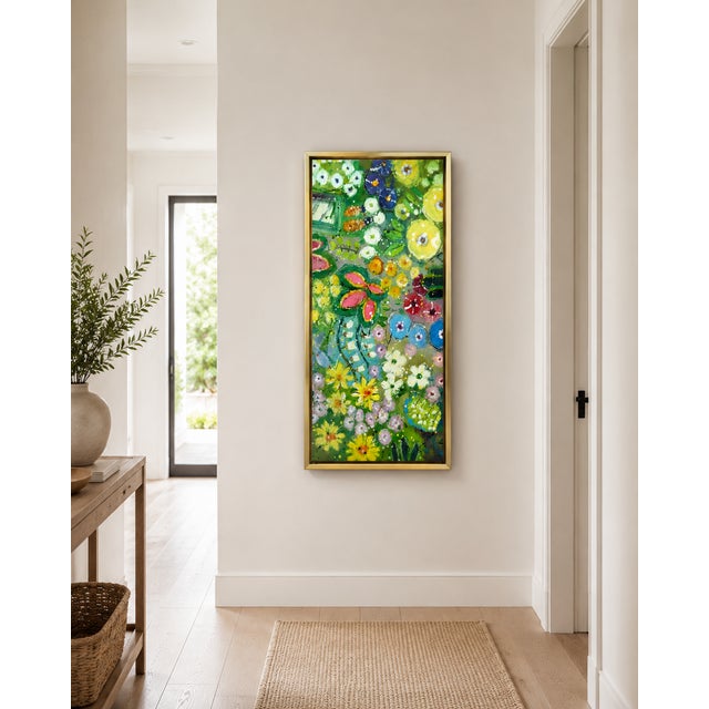 Original abstract floral oil painting on unstretched canvas, signed by artist Youn Cho, known for her vivid, spontaneous...