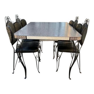 Vintage Black Formica & Metal Dining Table, 6 Black Reupholstered Dining Chairs, Art Nouveau Heart & Scroll Wrought Iron Chairs, Built in Leaf, For Sale
