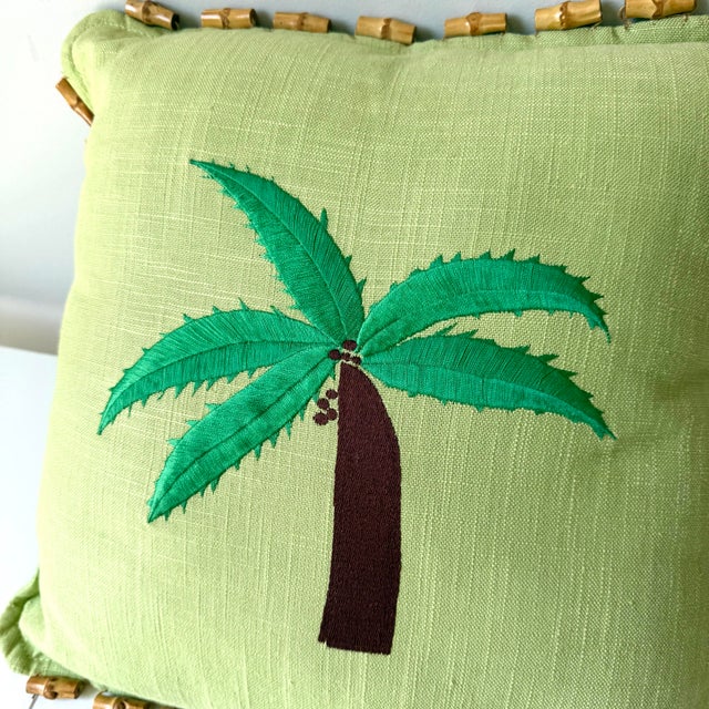 Early 21st Century Palm Tree Grasscloth and Bamboo Fringe Throw Pillows – A Pair For Sale - Image 5 of 6