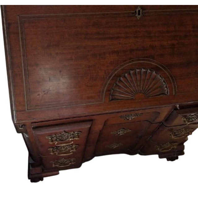 English Antique Mahogany Secretary Desk With Fan Carving and Brass Hardware For Sale - Image 3 of 9