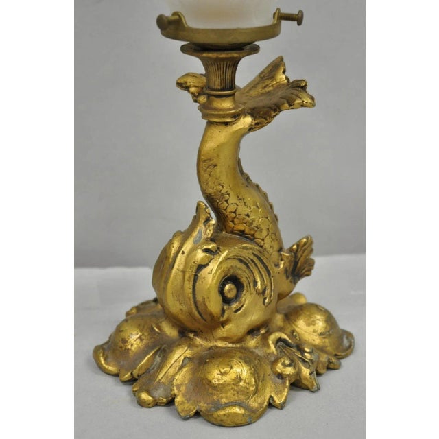Antique French Art Nouveau Small Gold Gilt Metal Figural Dolphin Table Lamp For Sale - Image 4 of 11