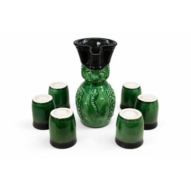 Vintage Hungarian Ceramic Figural Decanter Set with Cups, 1960s, Set of 7 For Sale - Image 6 of 8