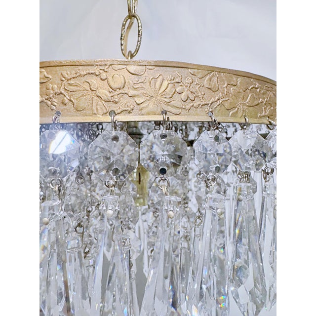 Vintage Hollywood Regency Floral Embossed Brass Tiered Waterfall Crystal Flush Mount Chandelier For Sale - Image 4 of 7