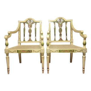 Hand-Painted Caned Armchairs – Pair For Sale