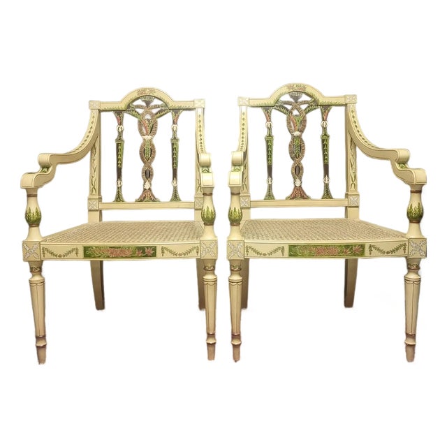 Hand-Painted Caned Armchairs – Pair For Sale