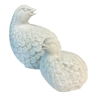 1970s Vintage Hollywood Regency Boho Chic Majolica Le Blanc Figural Partridges - A Pair For Sale