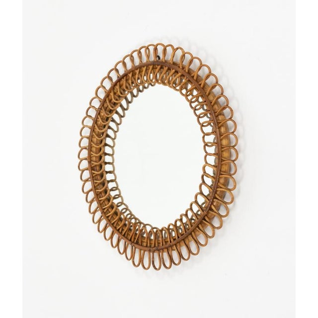 Brown Mid-Century Round Rattan and Bamboo Wall Mirror in the style of Franco Albini, Italy, 1960s For Sale - Image 8 of 11