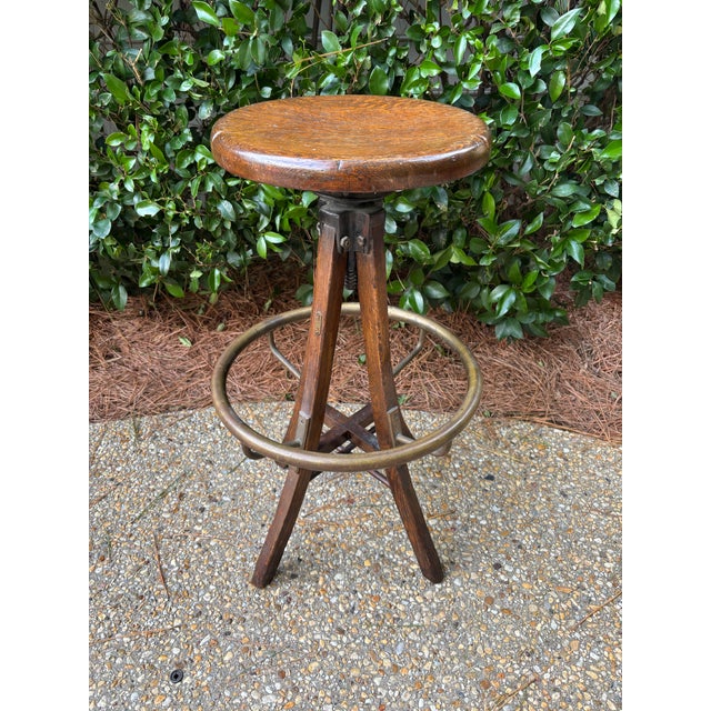 Coffee Early 20th Century Early Twentieth Century Heavy Solid Wood and Brass Swivel Industrial Drafting Stool For Sale - Image 8 of 9