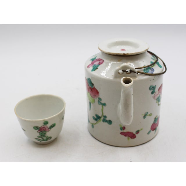 Circa 1880s Famille Rose Tea Pot & Tea Bowl in Basket For Sale - Image 4 of 11