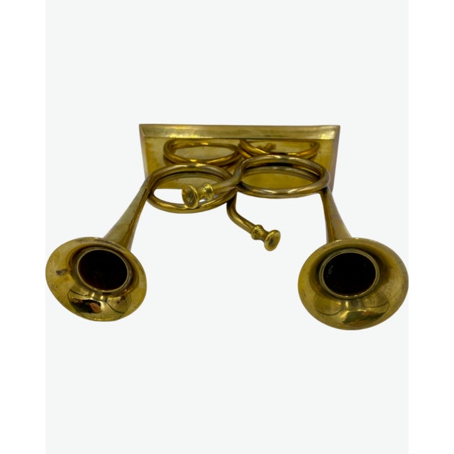 Vintage Single Gold Brass Horn Double Candle Holder Christmas Holiday Decor For Sale - Image 4 of 12