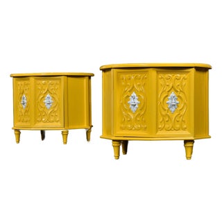 1970s Yellow and White Round Travertine Top Side Tables or Nightstands With Storage For Sale