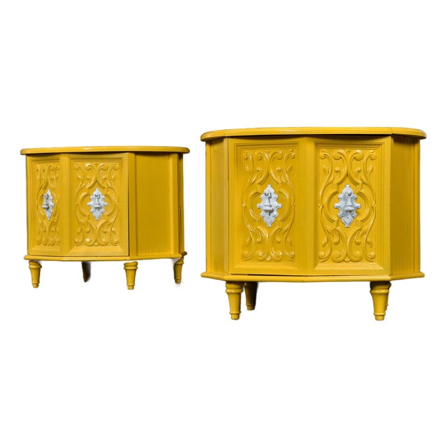 1970s Yellow and White Round Travertine Top Side Tables or Nightstands With Storage For Sale