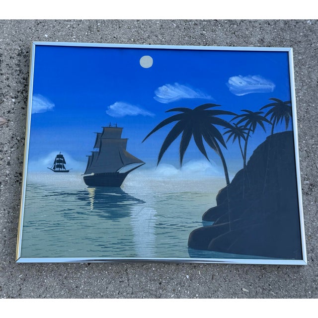 Vintage Mid-Century Japanese Scenic Silk Paintings in Steel Frames, Pair For Sale - Image 9 of 12