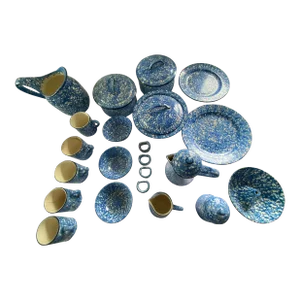 1940s Vintage Blue Stangl Sponge-Ware Stamped "Town & Country" Pattern- 24 Pieces