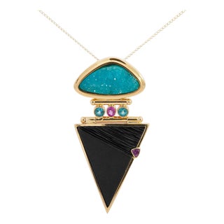 Paraiba Tourmaline and Onyx in 14k Retro Drop Pendant Necklace For Sale