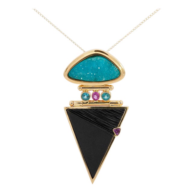 Paraiba Tourmaline and Onyx in 14k Retro Drop Pendant Necklace For Sale