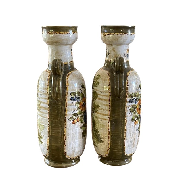Pair of Vintage 16” Italian Hand-Painted Ceramic Amphora Vases – Weiselman Import For Sale - Image 4 of 10