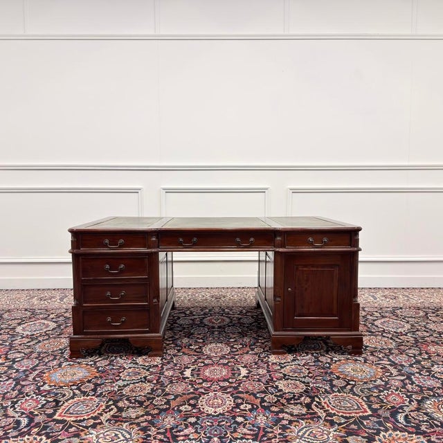 English Partner Desk in Green Leather For Sale - Image 3 of 18