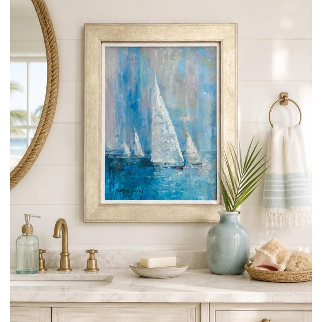 Original coastal oil painting on canvas by Matt Thomas, featuring a serene sailboat composition rendered in layered shades...