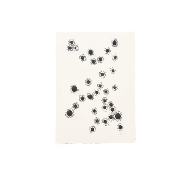 Original abstract floral ink drawing in black and white on paper. Organic daisy-inspired forms with expressive linework...