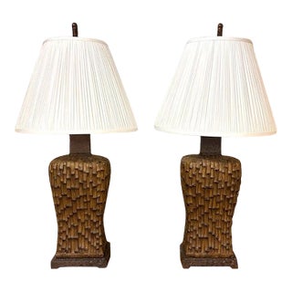 Mid Century Asian Faux Bamboo Table Lamps For Sale