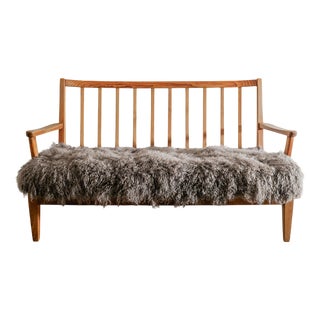 Early Swedish Mid-Century Wooden Pine Two Seater Sofa With Sheepskin by Carl Malmsten, 1940s For Sale