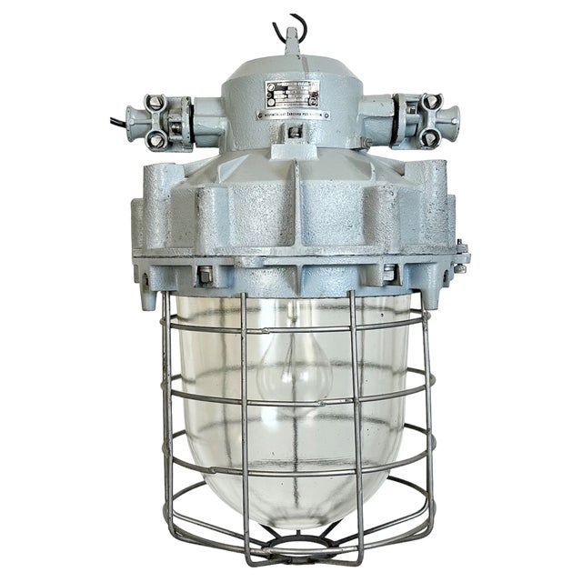 Large Industrial Grey Bunker Light with Iron Cage from Elektrosvit, 1970s For Sale