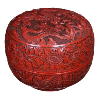 Late 20th Century Large Carved Cinnabar Lacquer Box With Dragon and Floral Motifs For Sale